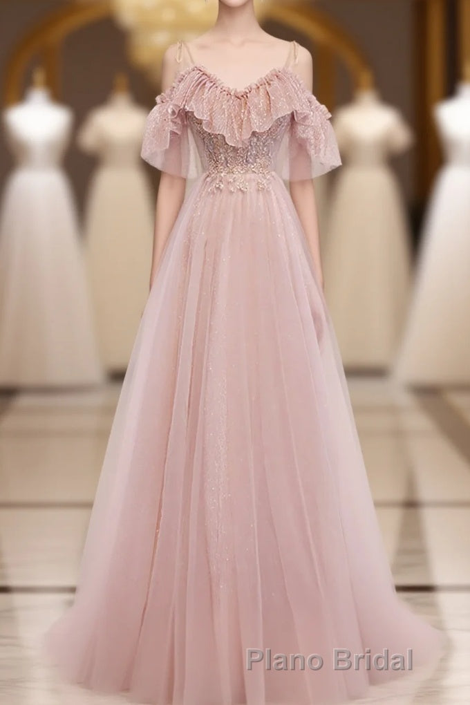 Pink V Neck Tulle Lace Long Formal Prom Dresses, Pink Bridesmaid Dresses, 1 Main image