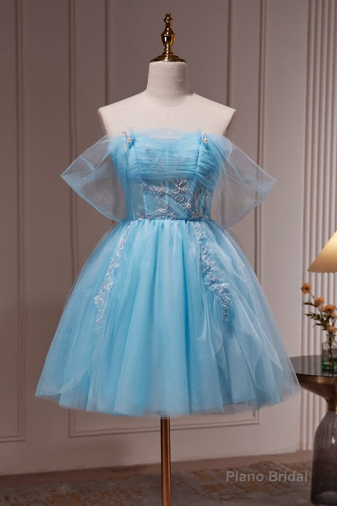 Blue Off The Shoulder Beading Appliques Tulle Short Homecoming Dresses Main image