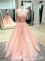 Pink Sleeveless V Neck Tulle Lace Applique Long Formal Prom Dresses
