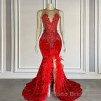 Red Sleeveless Sequins Mermaid Formal Prom Dress with Front Slit Beadings and Feathers