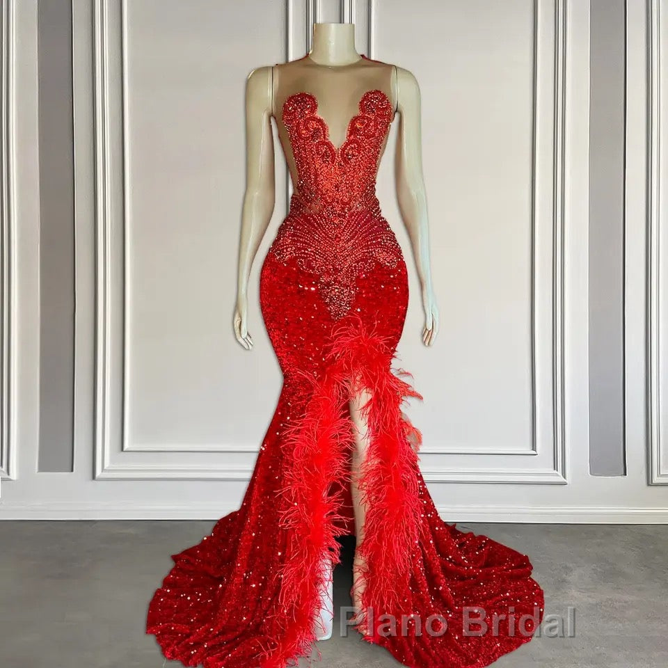Red Sleeveless Sequins Mermaid Formal Prom Dress with Front Slit Beadings and Feathers