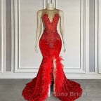 Mermaid Formal Prom Dress with Sequins Sleeveless Split Beadings and Feather Embellishments