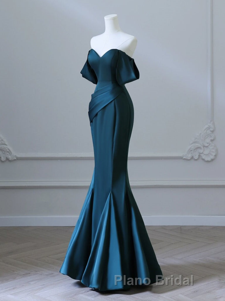 Simple Off Shoulder Satin Ink Blue Long Formal Prom Dress, Ink Blue Long Formal Dress Secondary image