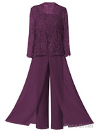Mother of the Bride Dresses, Lace Chiffon Three-Piece Plus Size Mother of the Bride Pant Suits