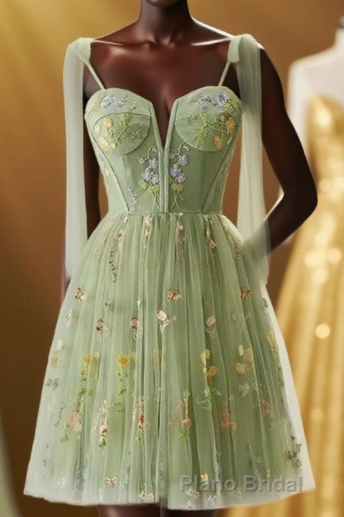 Green Floral Tulle A-line Short Dresses with Tie Shoulders Main image