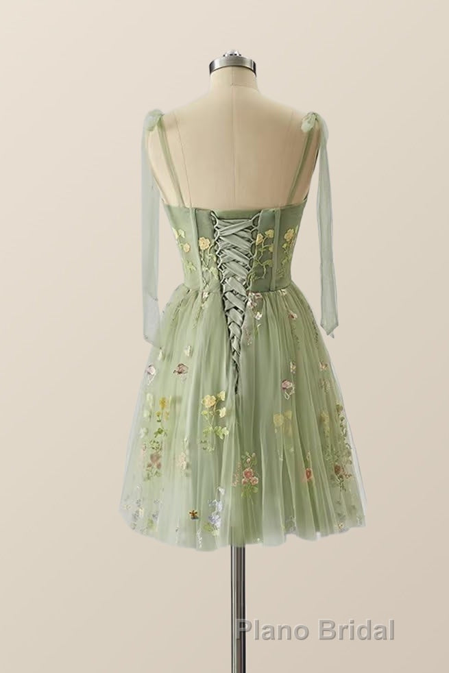 Green Floral Tulle A-line Short Dresses with Tie Shoulders Secondary image