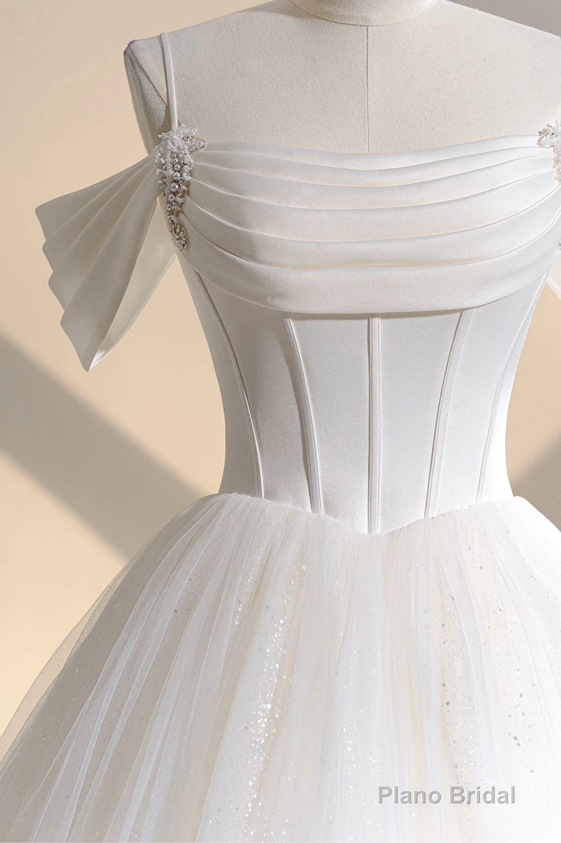 Ivory Tulle Off the Shoulder Formal Gown, Elegant A-Line Wedding Dress