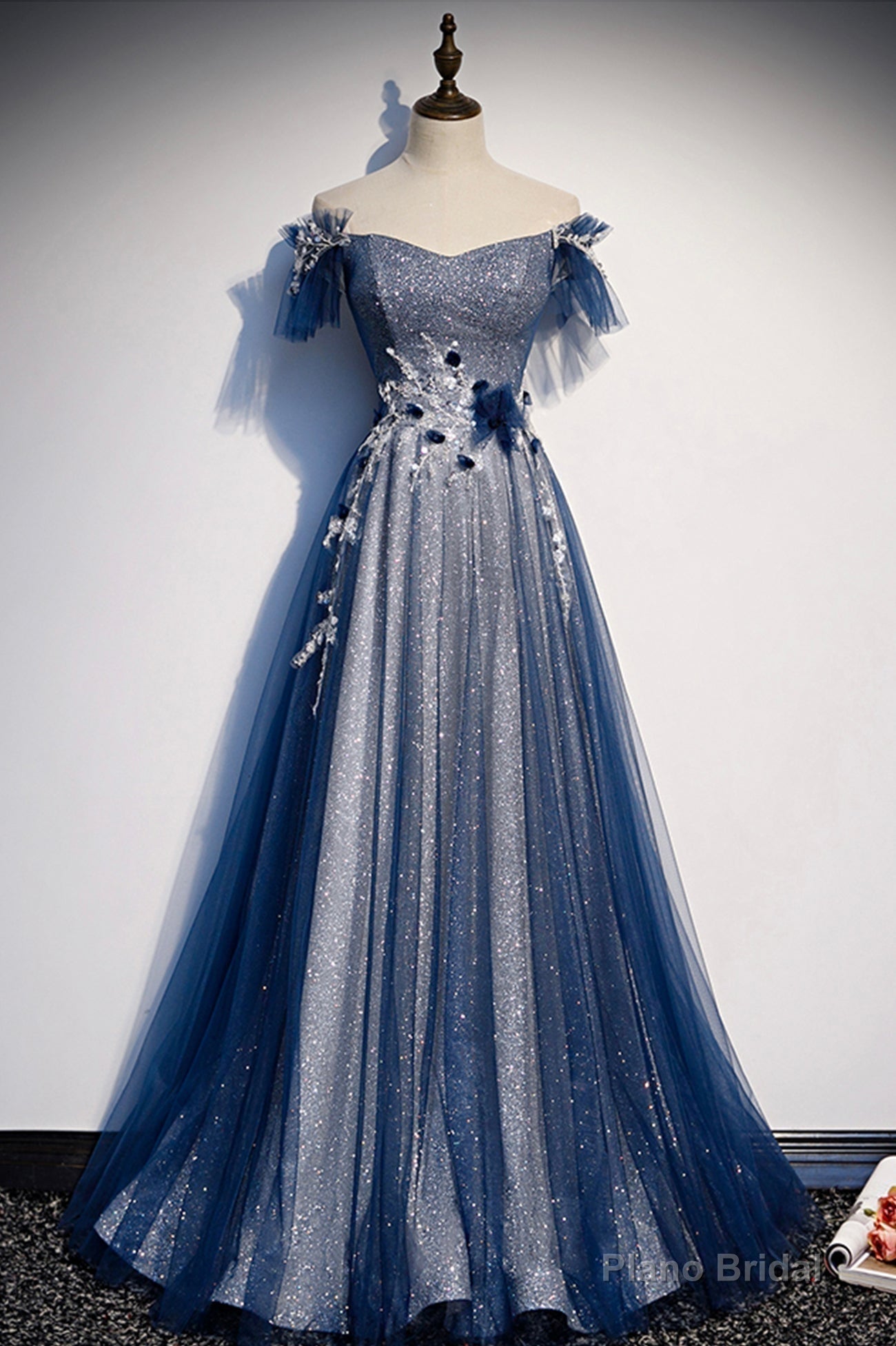 Blue Tulle Sequins Long Prom Dress, A-Line Evening Dress Secondary image