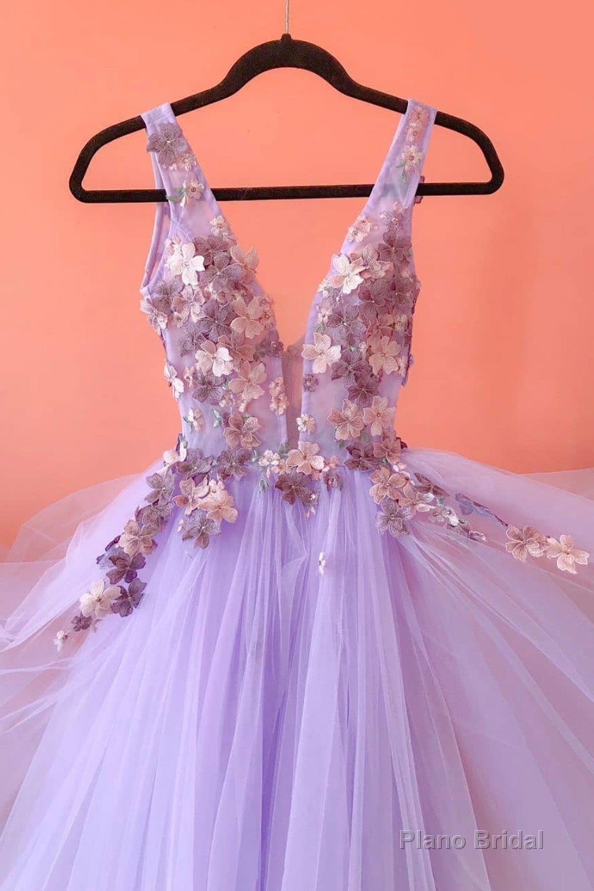 Purple V-Neck Tulle Lace Long Prom Dresses, A-Line Evening Dresses Main image