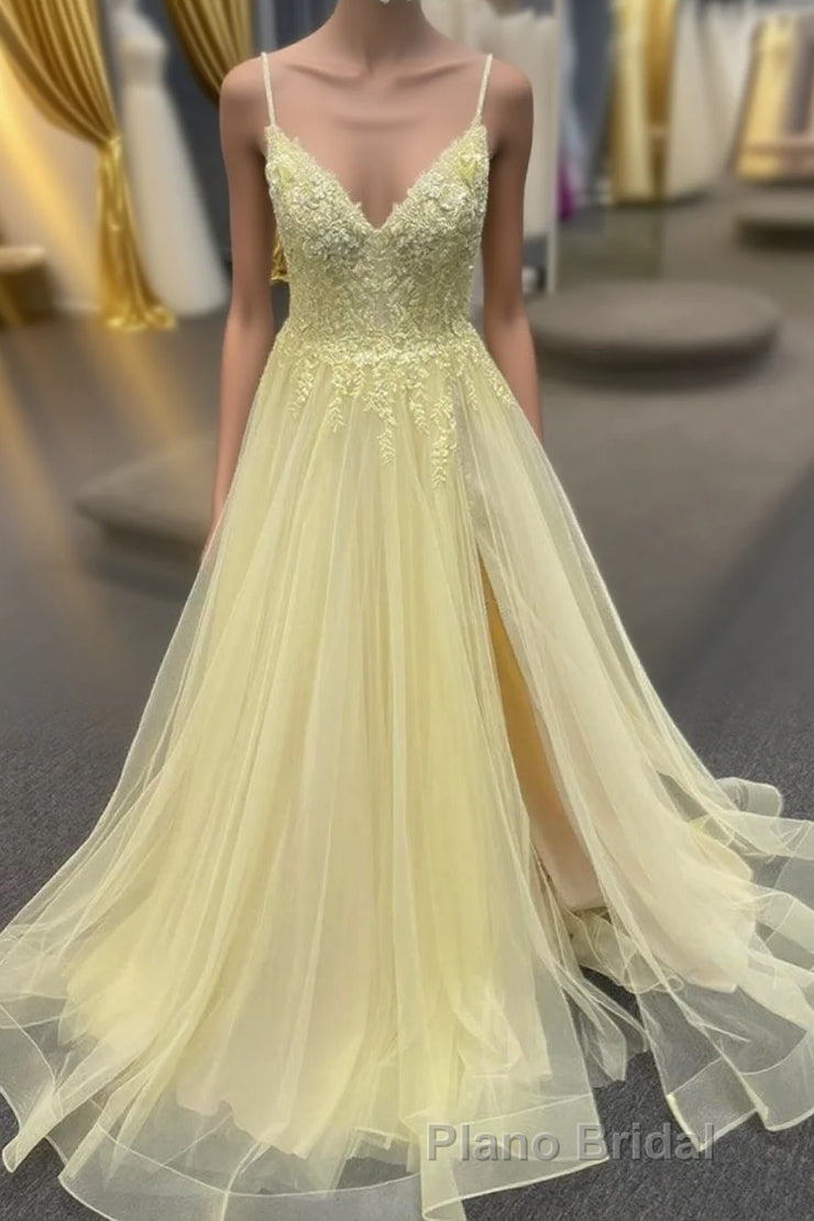Light Yellow Deep V Appliques Long Formal Prom Dresses with Slit Main image