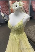 Light Yellow Deep V Appliques Long Formal Prom Dresses with Slit