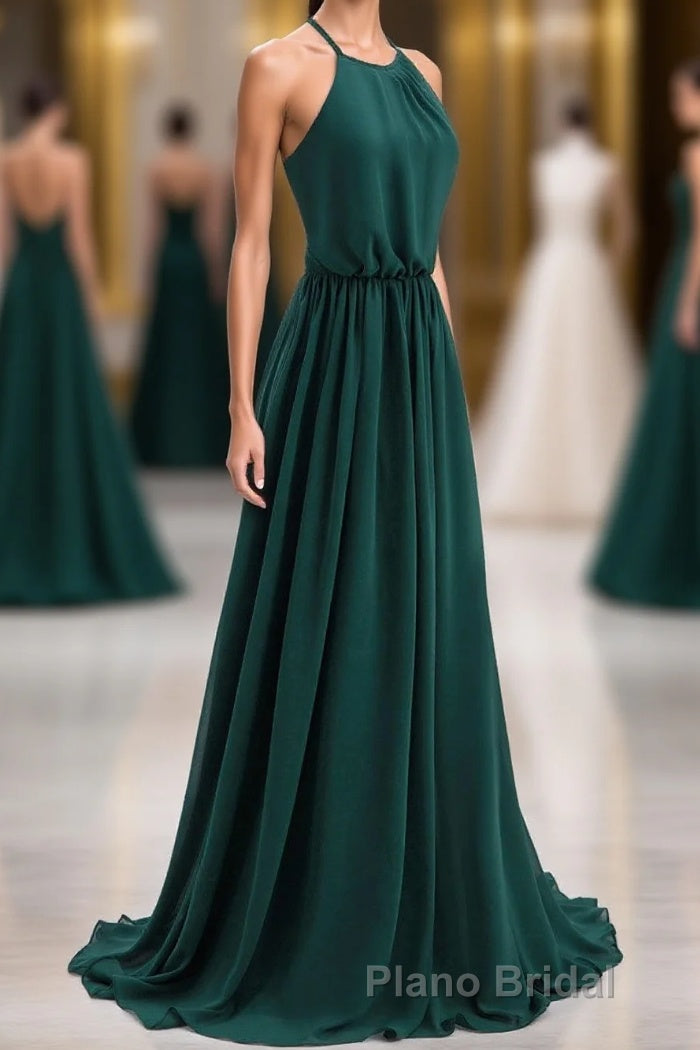 Hunter Green Halter Chiffon A-line Long Bridesmaid Dresses Main image