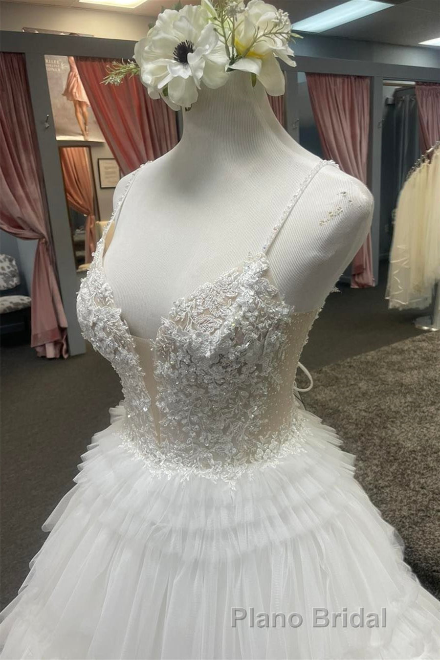 White Floral Plunging V Layers Long Formal Prom Dresses