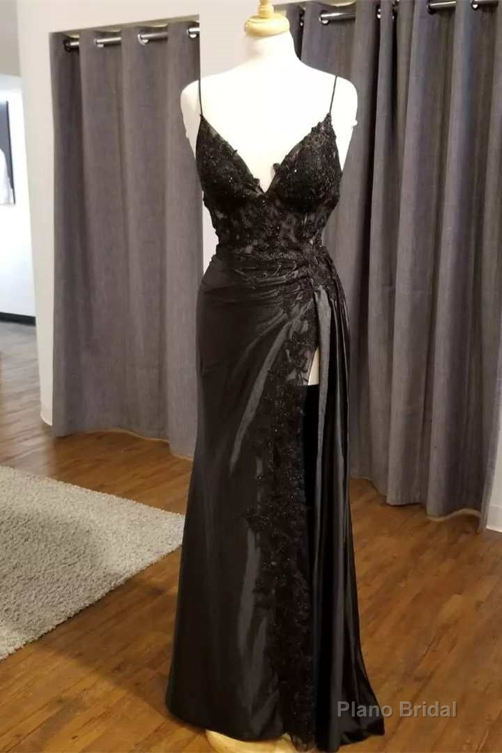 Black Floral Lace V-Neck Long Prom Dress with Slit Main image