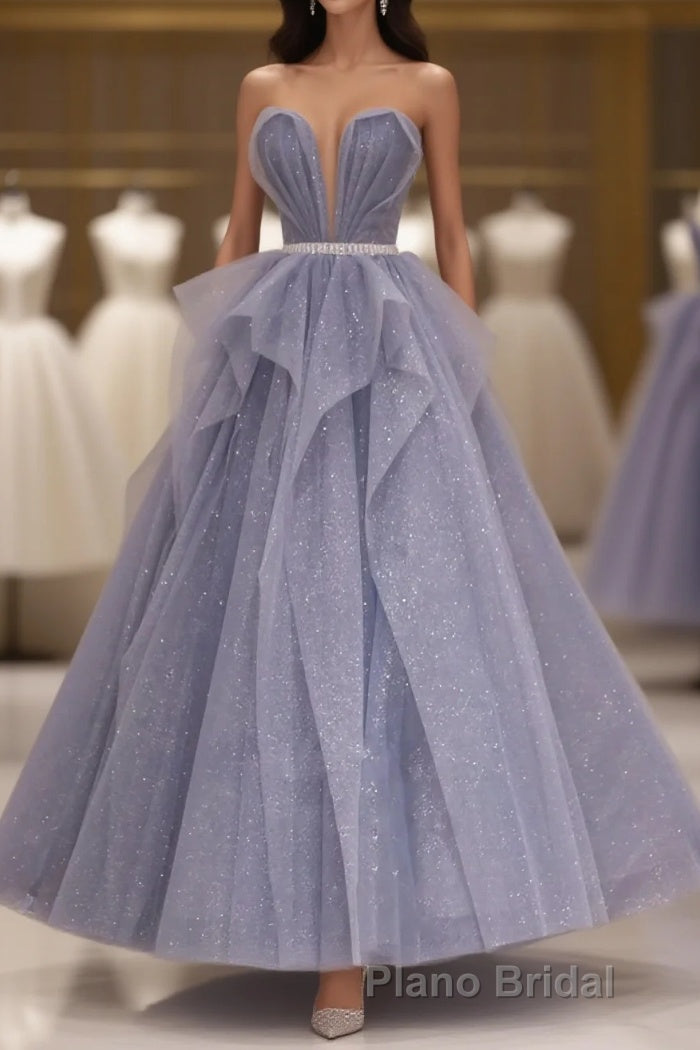 Purple Sweetheart Neck Tulle Sequin Long Formal Prom Dresses, Tulle Prom Dresses Main image