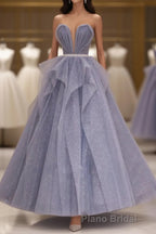 Purple Sweetheart Neck Tulle Sequin Long Formal Prom Dresses, Tulle Prom Dresses