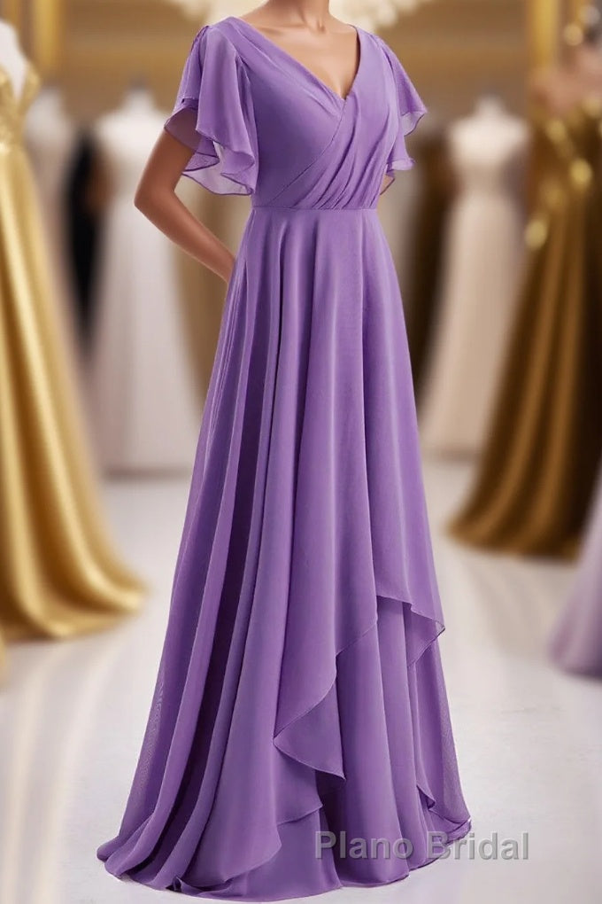 Flutter Sleeves Lavender Chiffon A-line Long Bridesmaid Dresses Main image