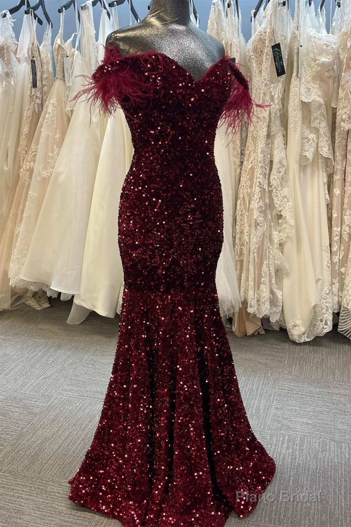 Burgundy Sequin Feather Off-the-Shoulder Mermaid Long Prom Gown Main image
