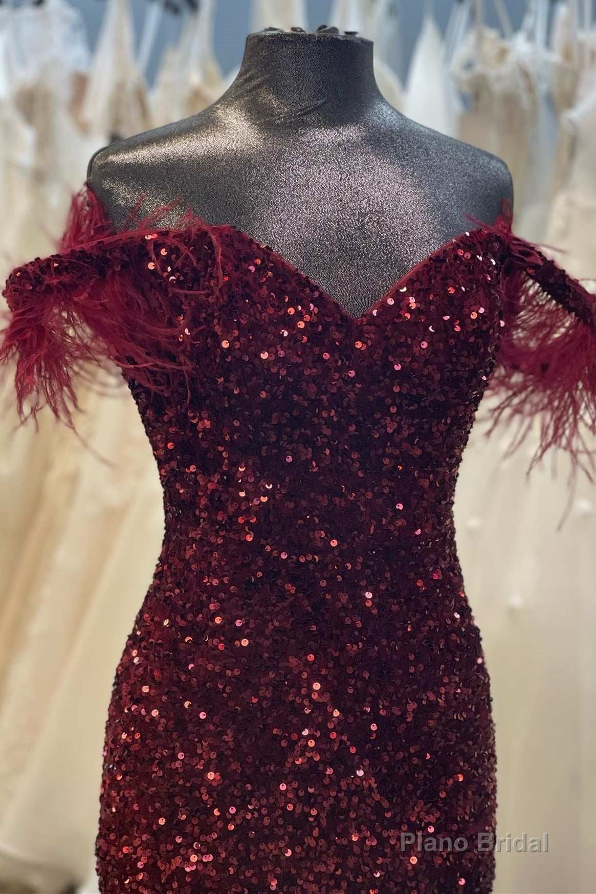 Burgundy Sequin Feather Off-the-Shoulder Mermaid Long Prom Gown Secondary image
