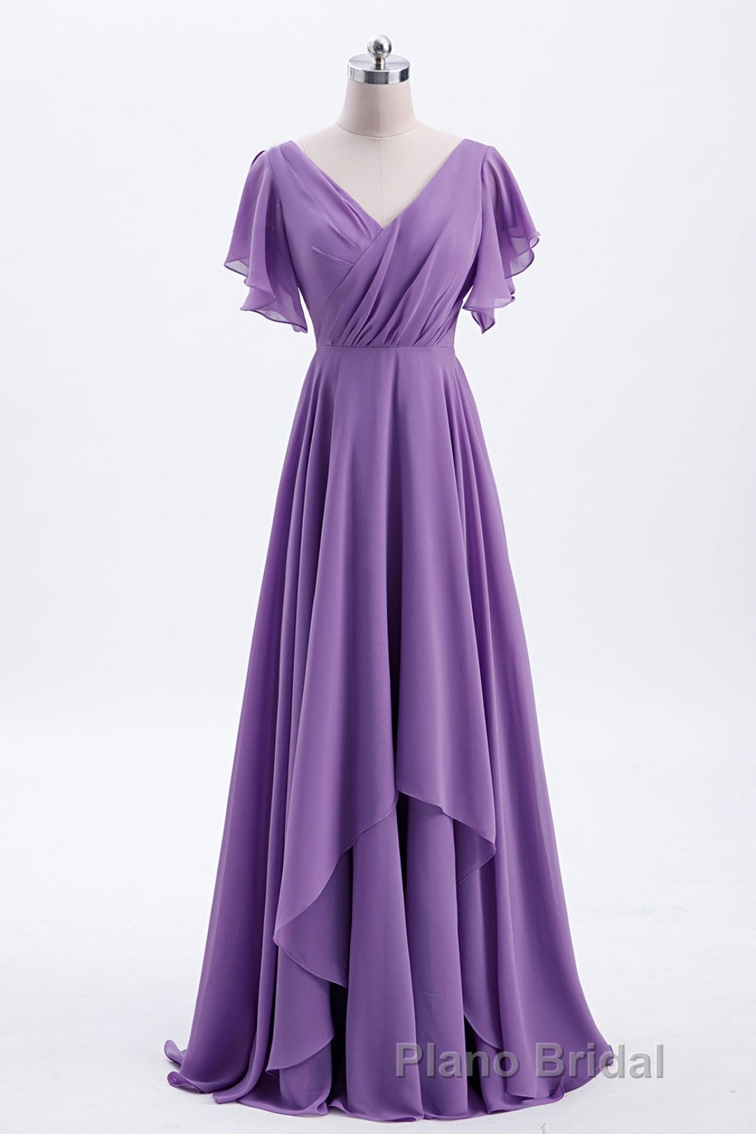 Flutter Sleeves Lavender Chiffon A-line Long Bridesmaid Dresses