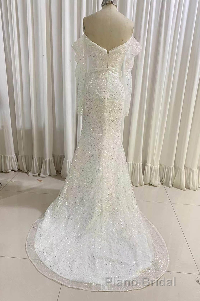 Ivory Mermaid Sequined Formal Prom Dresses with Long Sleeves, Sparkly Long Party Dresses