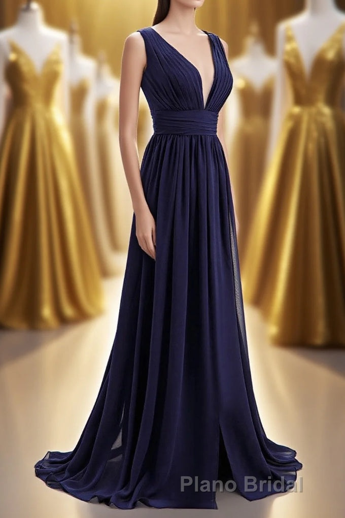Empire Navy Blue Chiffon A-line Long Bridesmaid Dresses Main image
