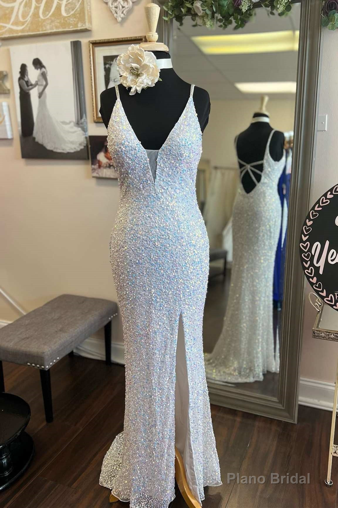 White Iridescent Sequin Plunge V Long Prom Dress with Slit Main image
