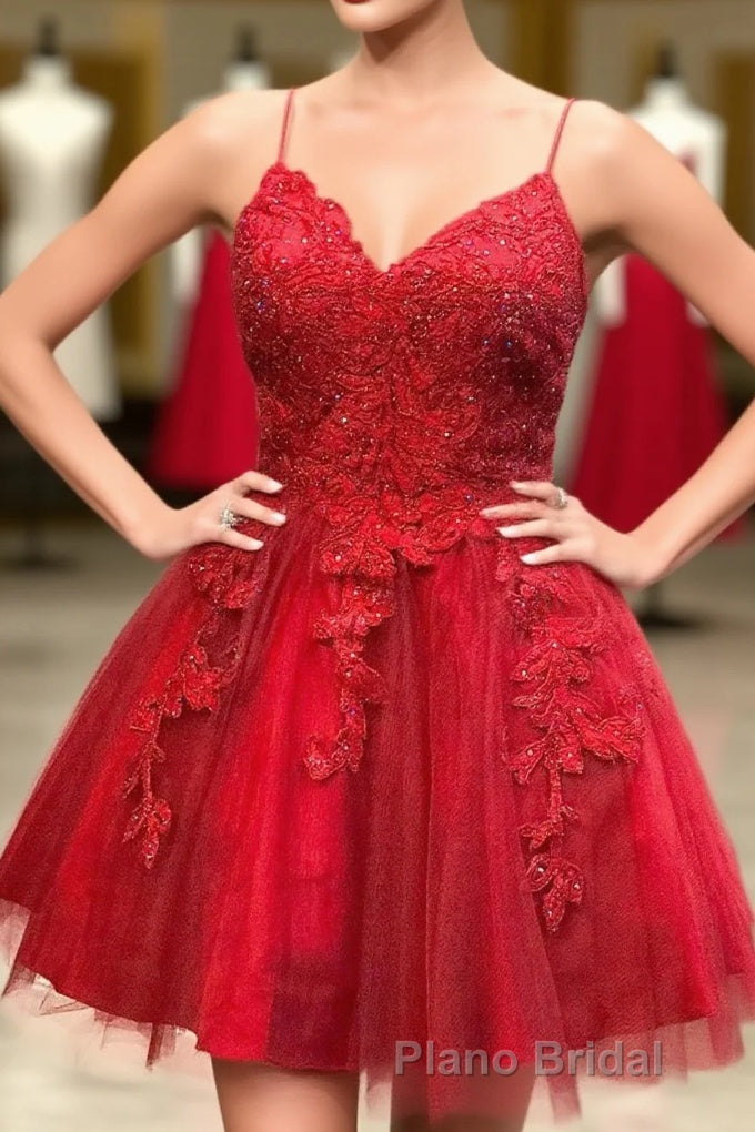 Strappy Lace Appliqued Red Short Homecoming Dresses