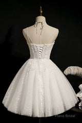 Ivory Spaghetti Straps Beaded Tulle Princess Homecoming Dresses
