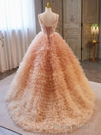 Unique V Neck Tulle Sequin Orange Pink Long Formal Prom Dresses, Orange Pink Sweet 16 Dresses
