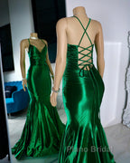 Satin Trumpet V-Neck Spaghetti Straps Formal Prom Evening Dresses For Black Girls