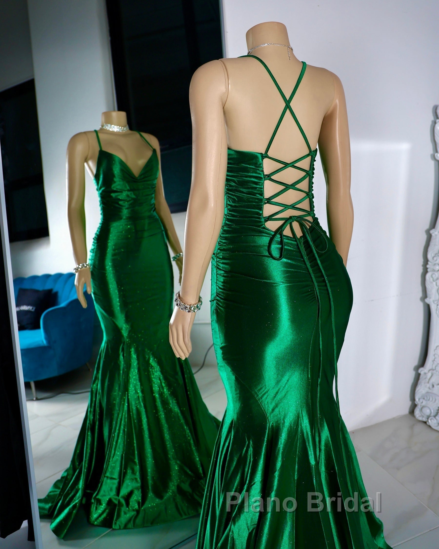 Satin Trumpet V-Neck Spaghetti Straps Formal Prom Evening Dresses For Black Girls