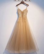 Champagne Tulle Lace Long Formal Prom Dresses, Champagne Evening Dresses, 9