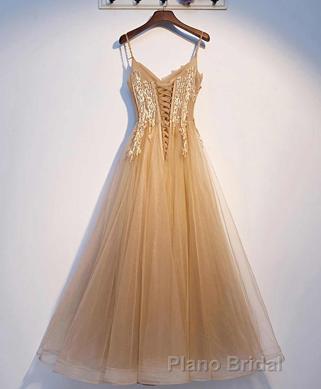 Champagne Tulle Lace Long Formal Prom Dresses, Champagne Evening Dresses, 9