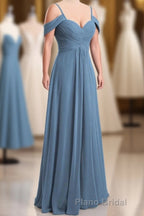 Dusty Blue Chiffon Cold Shoulder A-Line Long Bridesmaid Dresses