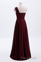 One Shoulder Burgundy A-line Chiffon Long Bridesmaid Dresses