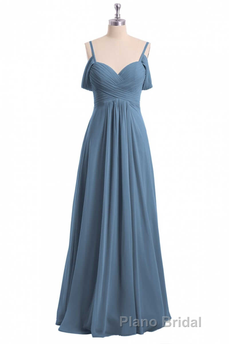 Dusty Blue Chiffon Cold Shoulder A-Line Long Bridesmaid Dresses