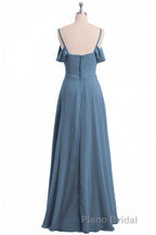 Dusty Blue Chiffon Cold Shoulder A-Line Long Bridesmaid Dresses