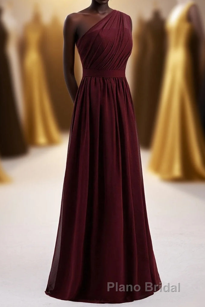 One Shoulder Burgundy A-line Chiffon Long Bridesmaid Dresses