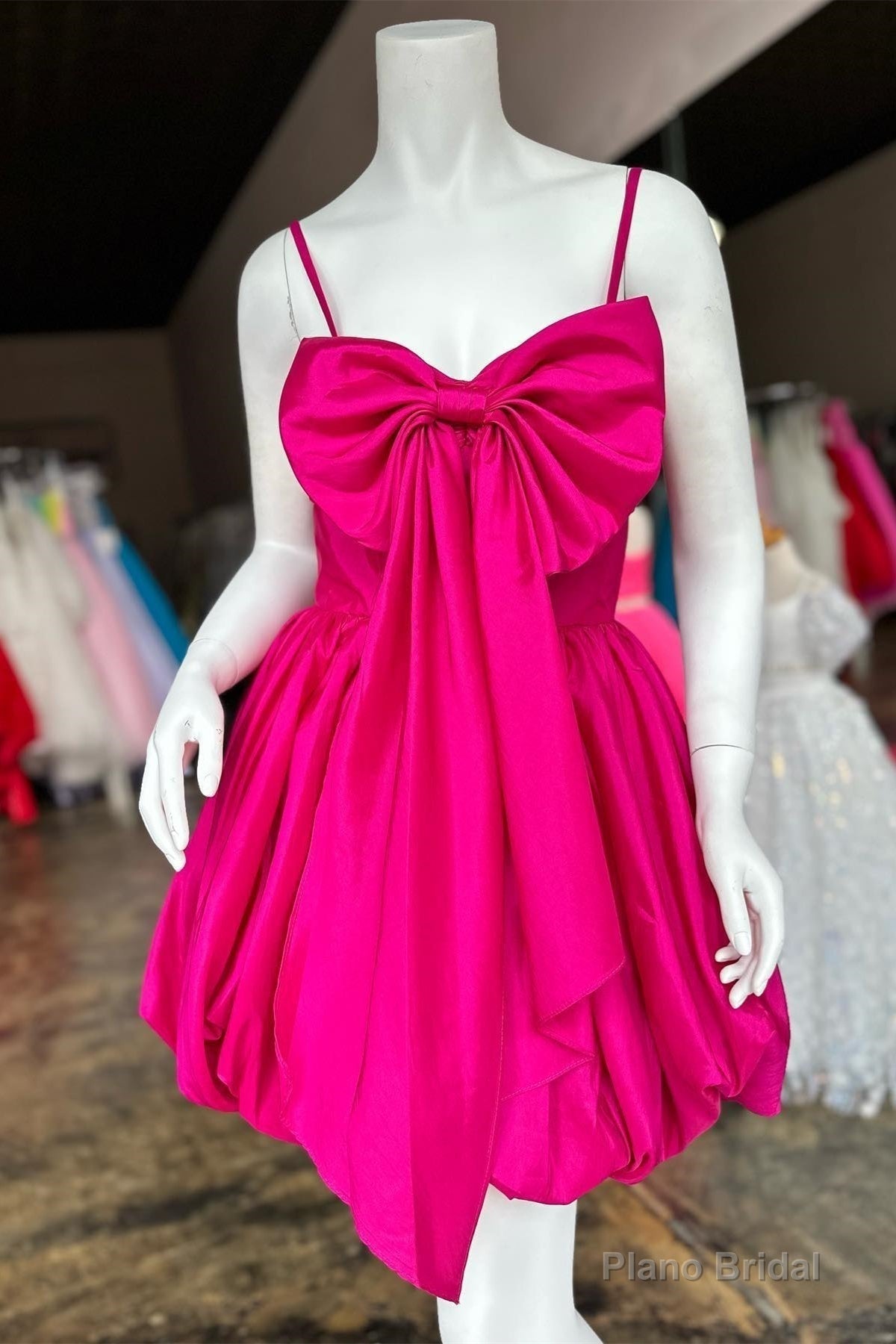 Fuchsia Straps Satin A-line Homecoming Dress with Bow Main image