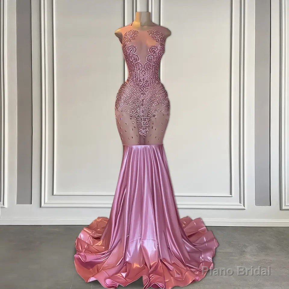 Long Pink Sleeveless Mermaid Prom Dress Featuring Beadings Secondary image