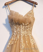 Champagne Tulle Lace Long Formal Prom Dresses, Champagne Evening Dresses, 9