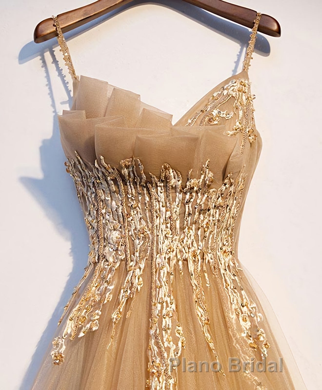 Champagne Tulle Lace Long Formal Prom Dresses, Champagne Evening Dresses, 9