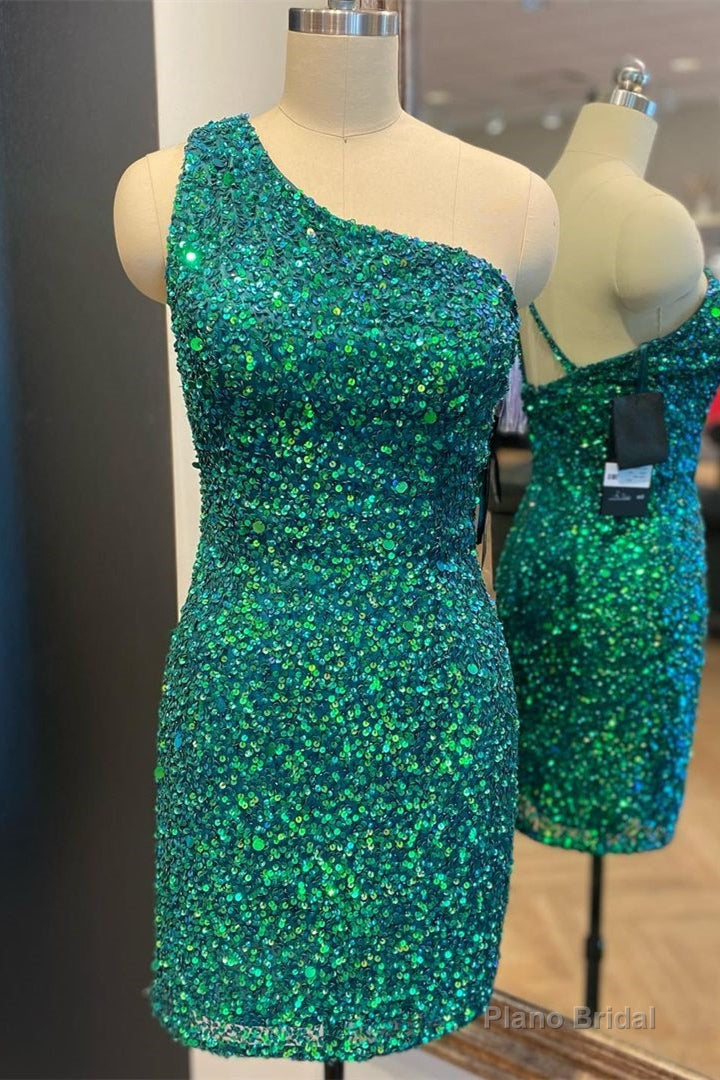 Hunter Green One Shoulder Straps Sequins Sheath Homecoming Dress Main image