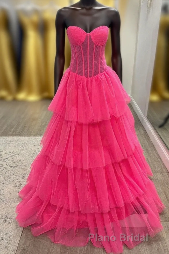 Hot Pink Strapless Layers Tulle A-line Long Formal Prom Dresses