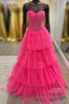 Hot Pink Strapless Layers Tulle A-line Long Formal Prom Dresses
