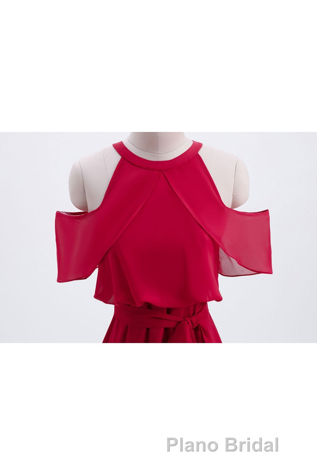 Red Chiffon Cold Sleeves Short Ruffles Bridesmaid Dresses