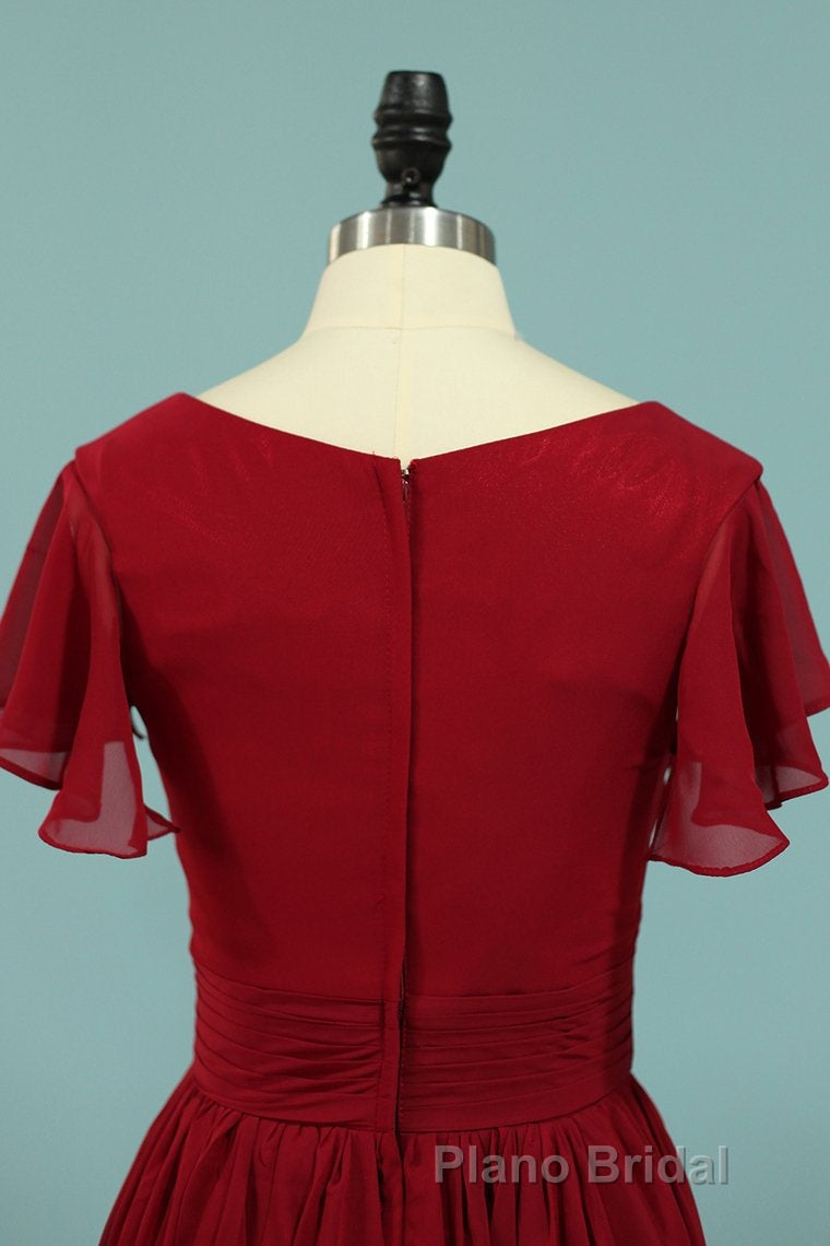 Red Chiffon V-Neck Ruffled A-Line Long Bridesmaid Dresses Secondary image