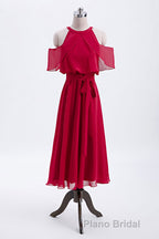 Red Chiffon Cold Sleeves Short Ruffles Bridesmaid Dresses