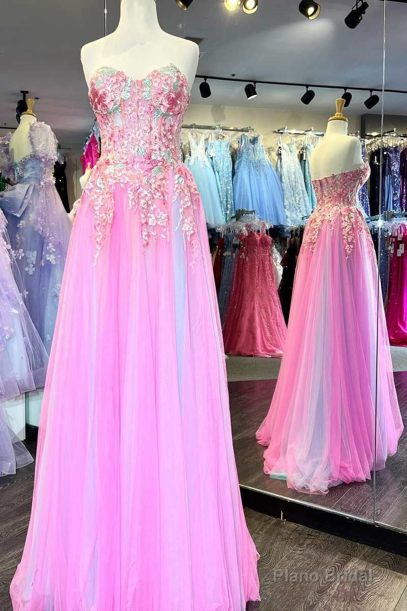 Pink Tulle Floral Appliques Sweetheart A-Line Prom Dress Main image